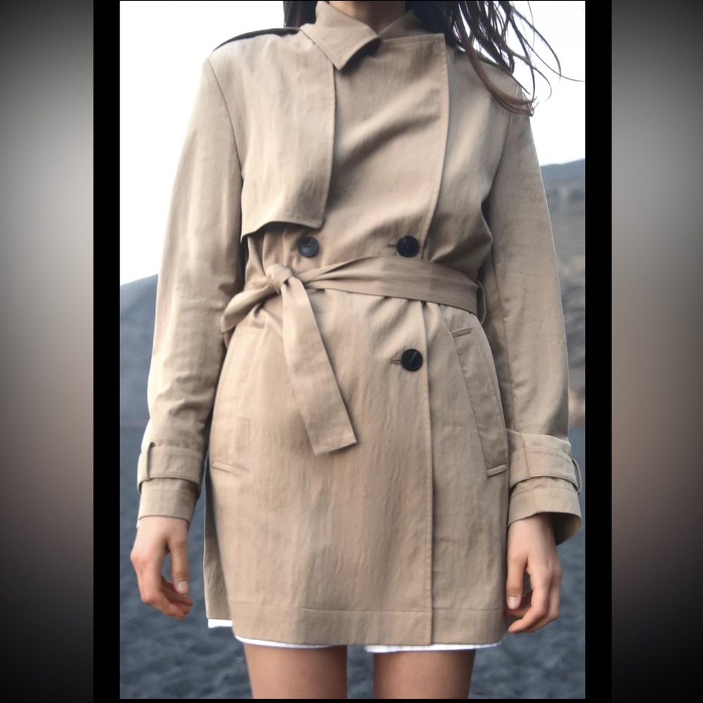 Zara Tan Double-Breasted Midi Trench Coat